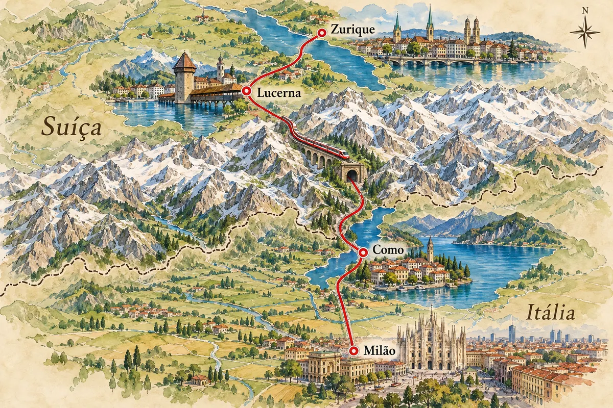 Mapa ilustrado da Zurique–Milão pelo Gotardo