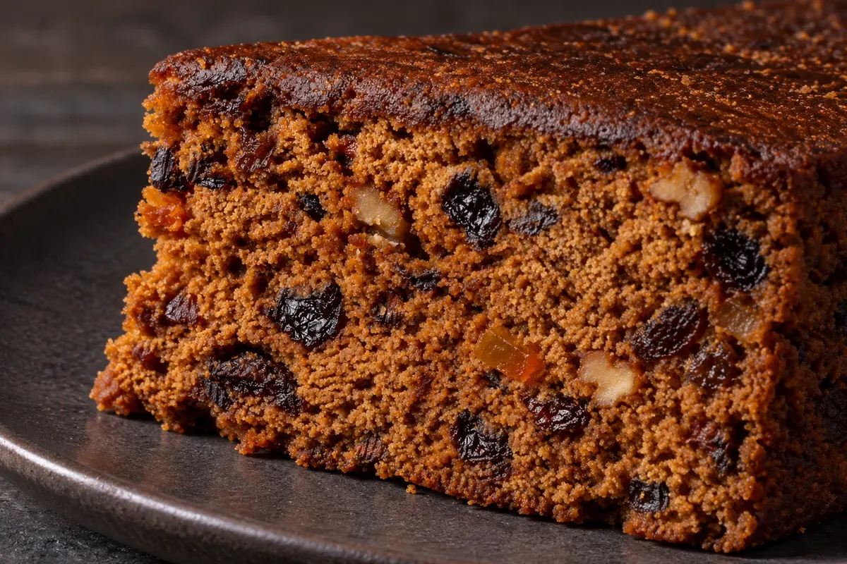 Torta negra galesa: frutas e miolo em detalhe.