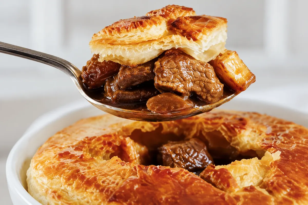 Detalhe do cordeiro e da massa em uma versão de Kerry lamb pie.