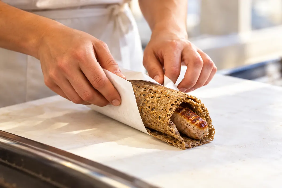 Galette-saucisse sendo enrolada para servir.