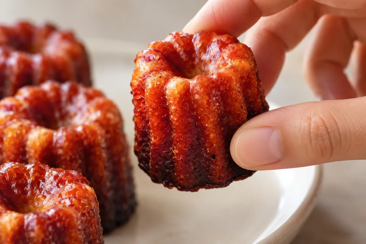 Canelé servido com os dedos, com detalhe da crosta caramelizada.