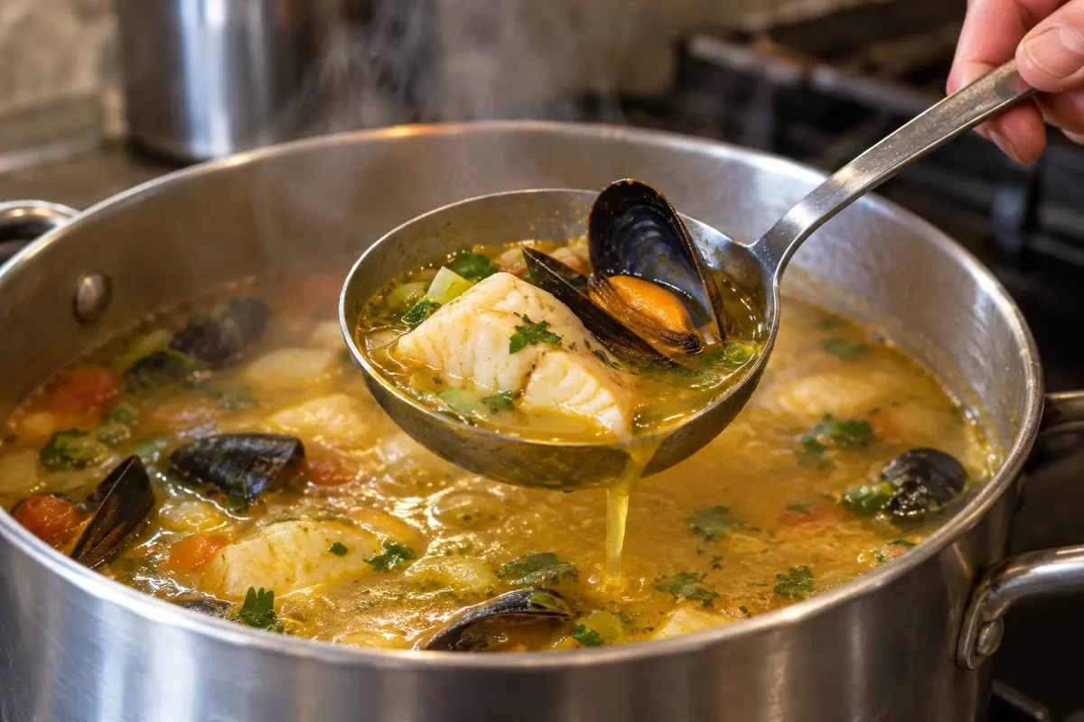 Concha de ttoro com caldo, peixe e mexilhão.