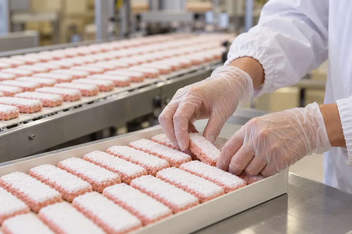 Biscuits roses de Reims sendo organizados para embalagem.