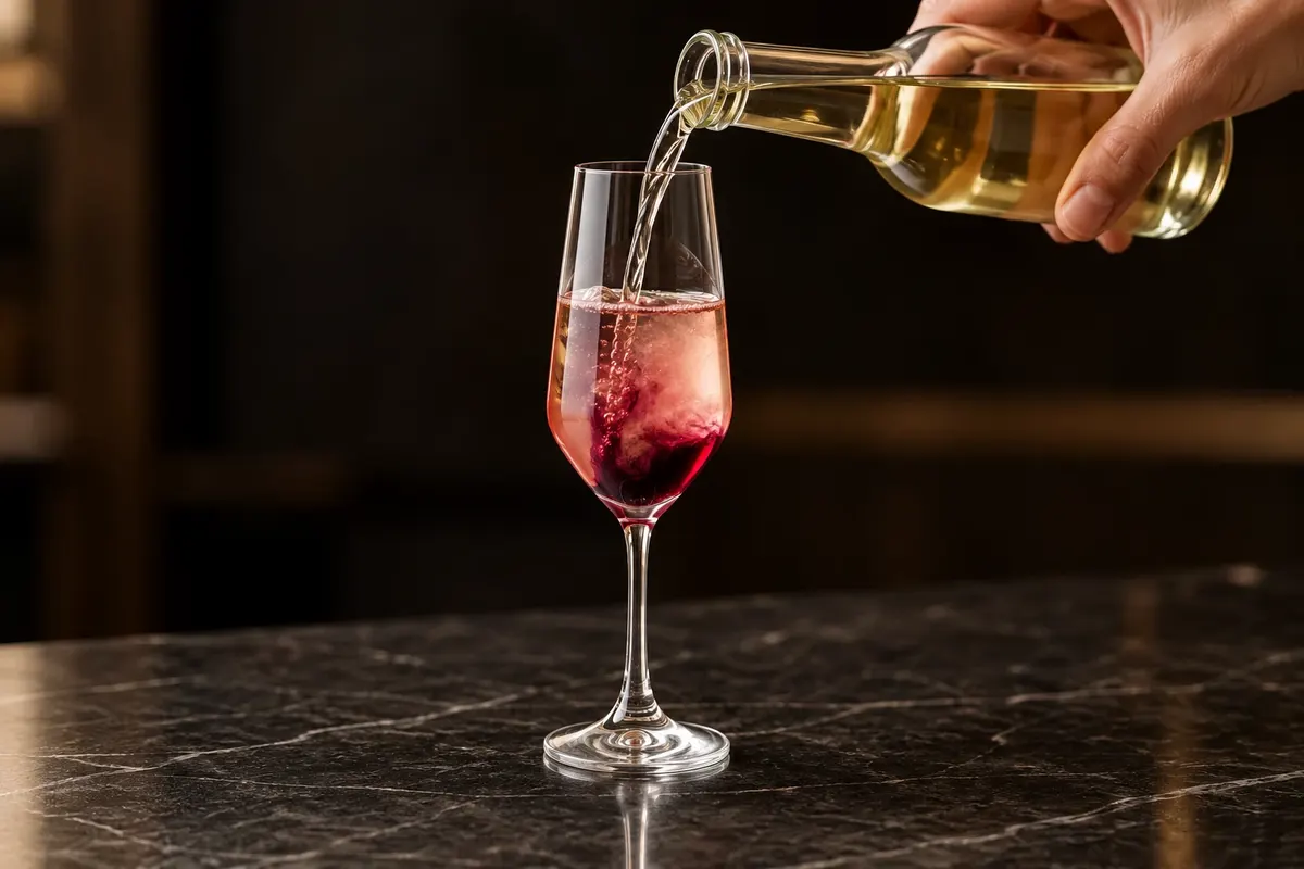 Vinho branco acrescentado à crème de cassis para preparar kir.