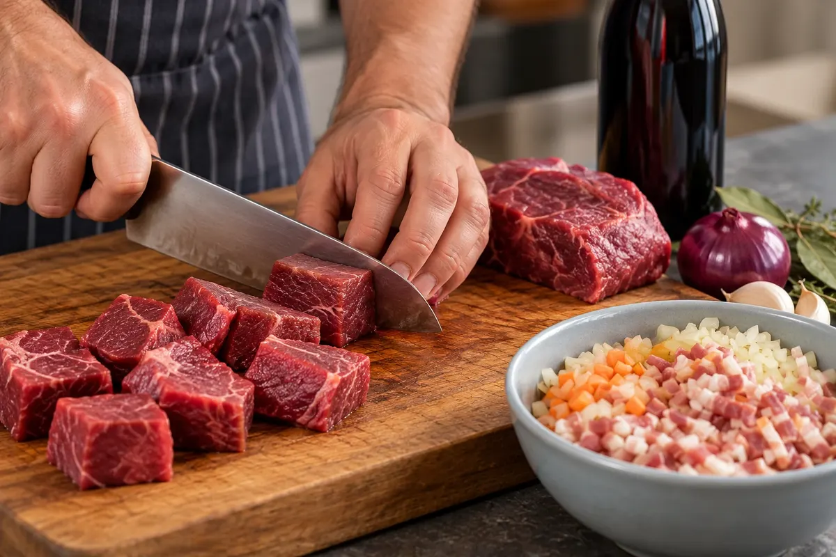 Carne cortada em cubos para o bœuf bourguignon.