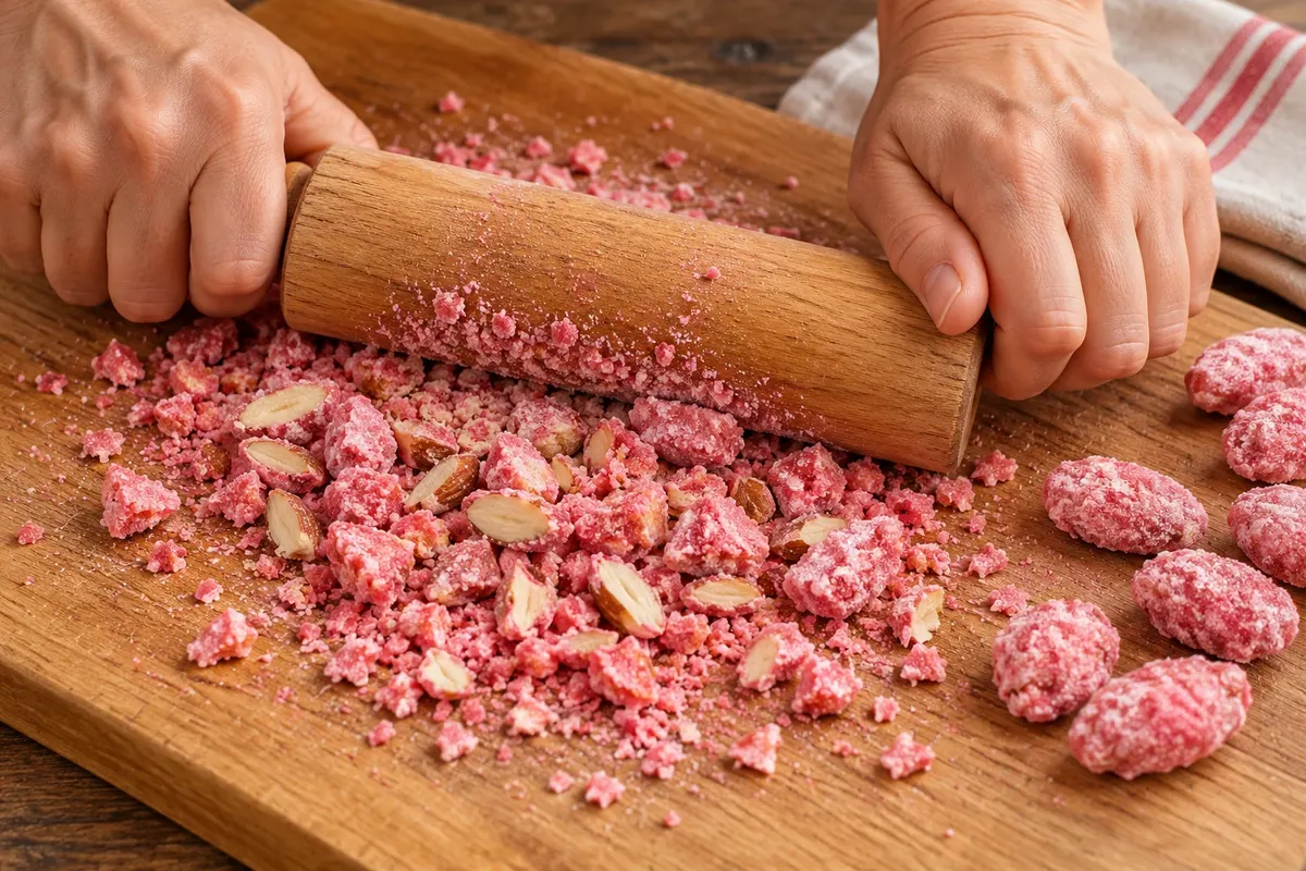 Pralinas rosas trituradas para o recheio da torta.