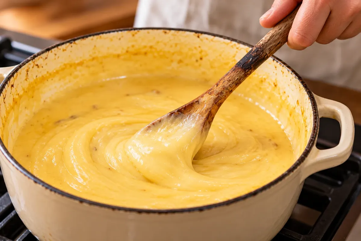 Queijo derretido mexido com colher de madeira.