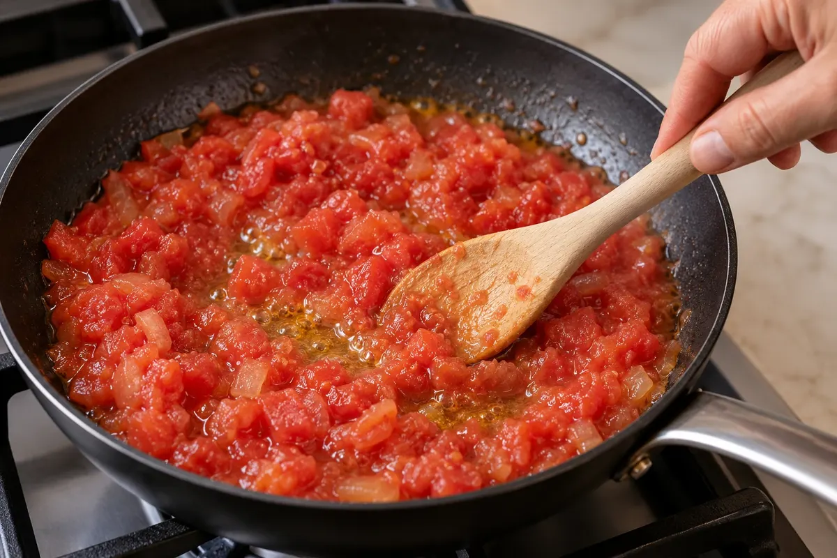 Preparo do molho de tomate que pode acompanhar as berinjelas.
