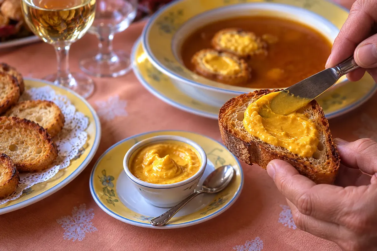 Rouille espalhada na torrada para acompanhar o caldo.