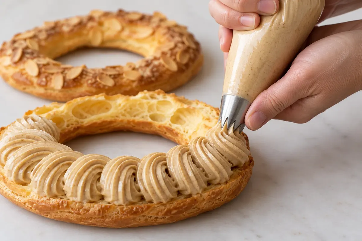 Aplicação do creme de praliné na montagem do Paris-Brest.