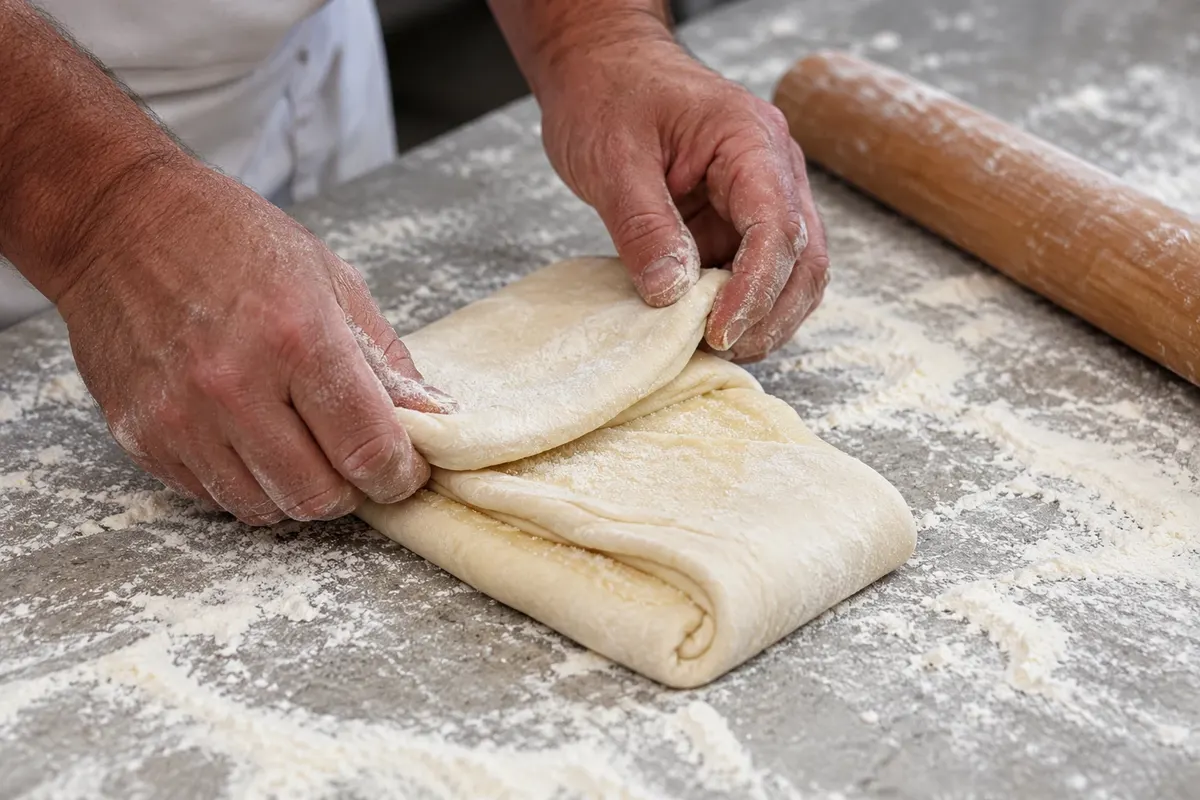 Dobra da massa laminada no preparo do kouign-amann.