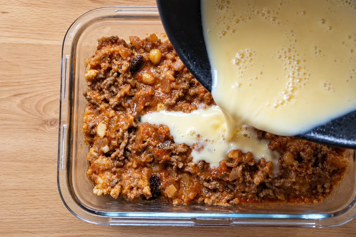 Mistura de leite e ovos acrescentada ao bobotie antes de assar.
