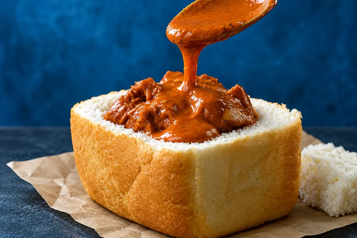 Molho de curry servido no pão do bunny chow.