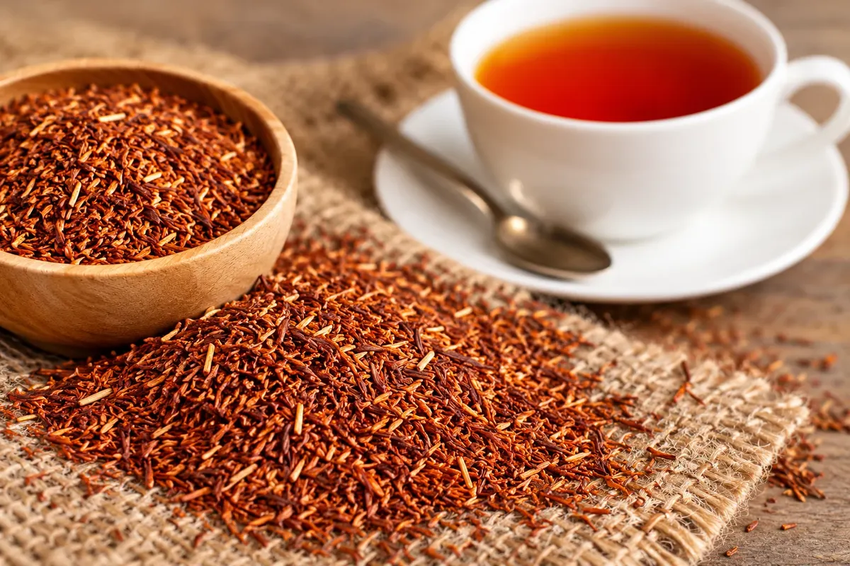 Folhas secas de rooibos e a infusão ao fundo.
