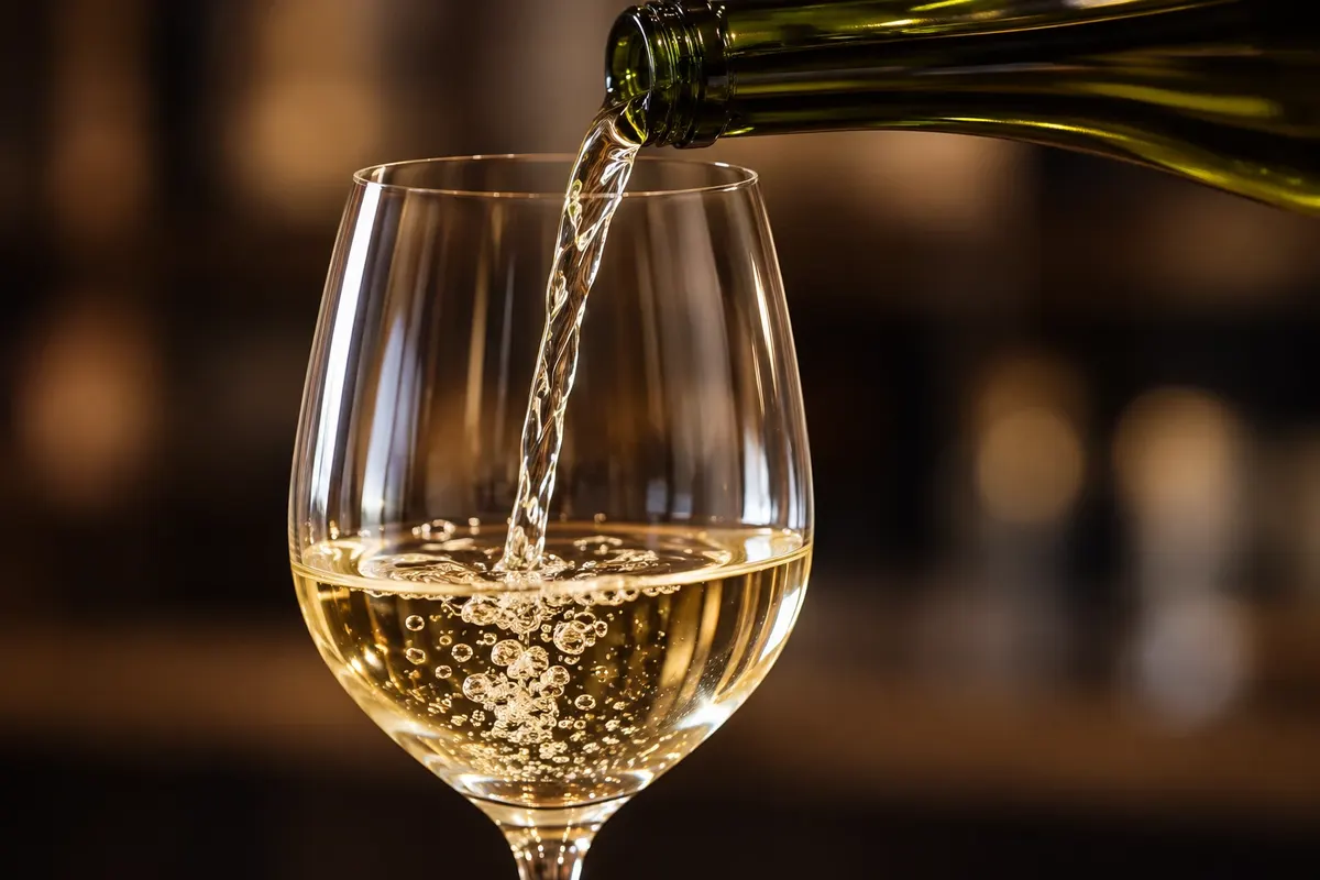 Detalhe do serviço de Marlborough Sauvignon Blanc na taça.